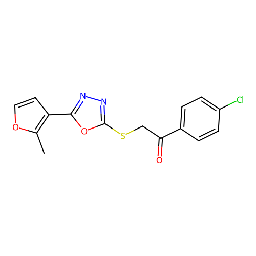 1-(4-chlorophenyl)-2-{[5-(2-methyl-3-furyl)-1,3,4-oxadiazol-2-yl]sulfanyl}ethanone structure