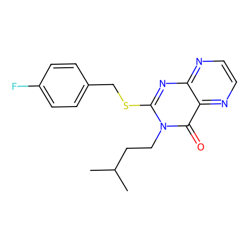 2-[(4-Fluorophenyl)methylsulfanyl]-3-(3-methylbutyl)pteridin-4-one structure