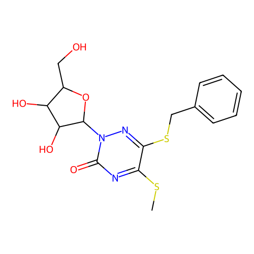 6-benzylsulfanyl-2-[3,4-dihydroxy-5-(hydroxymethyl)oxolan-2-yl]-5-methylsulfanyl-1,2,4-triazin-3-one structure