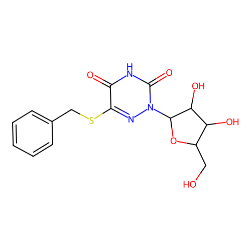6-benzylsulfanyl-2-[3,4-dihydroxy-5-(hydroxymethyl)oxolan-2-yl]-1,2,4-triazine-3,5-dione structure