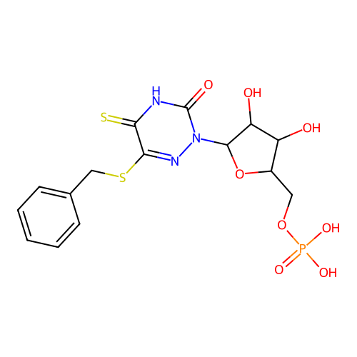 [5-(6-benzylsulfanyl-3-oxo-5-sulfanylidene-1,2,4-triazin-2-yl)-3,4-dihydroxyoxolan-2-yl]methyl dihydrogen phosphate structure