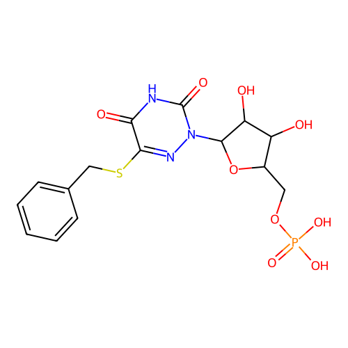 [5-(6-benzylsulfanyl-3,5-dioxo-1,2,4-triazin-2-yl)-3,4-dihydroxyoxolan-2-yl]methyl dihydrogen phosphate structure