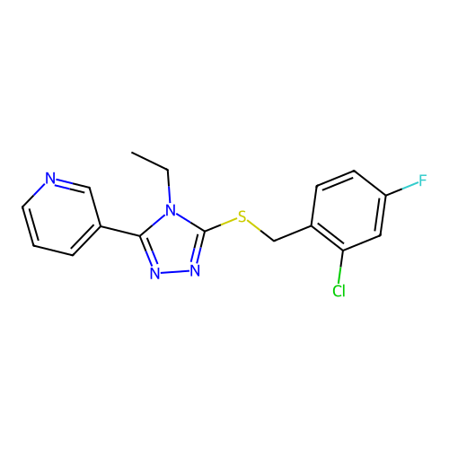 3-[5-[(2-chloro-4-fluorophenyl)methylsulfanyl]-4-ethyl-1,2,4-triazol-3-yl]pyridine structure