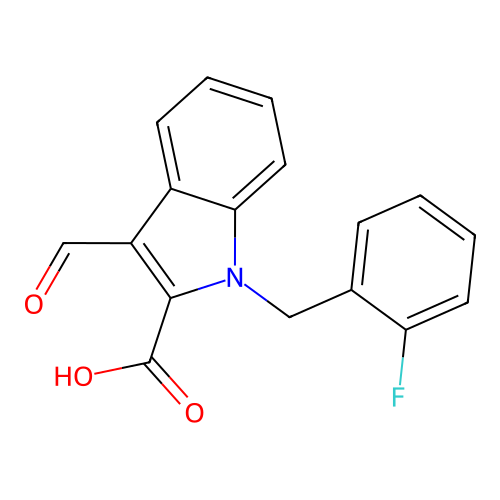 1-(2-fluorobenzyl)-3-formyl-1H-indole-2-carboxylic acid structure