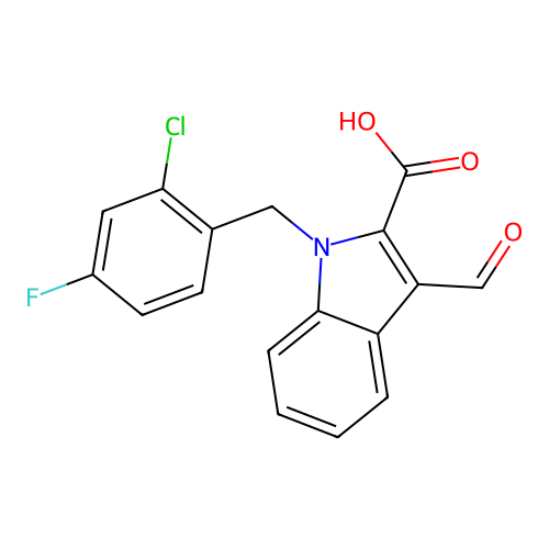 1-(2-chloro-4-fluorobenzyl)-3-formyl-1H-indole-2-carboxylic acid structure