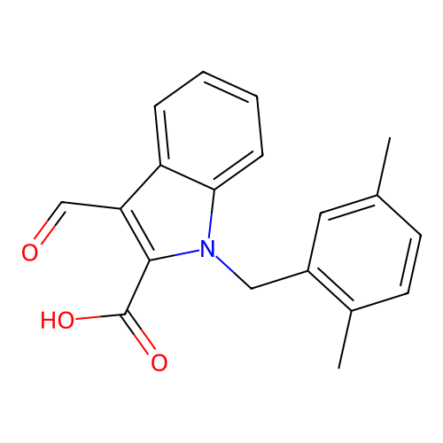 1-(2,5-dimethylbenzyl)-3-formyl-1H-indole-2-carboxylic acid structure