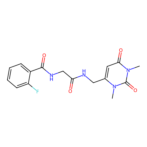 N-(2-(((1,3-dimethyl-2,6-dioxo-1,2,3,6-tetrahydropyrimidin-4-yl)methyl)amino)-2-oxoethyl)-2-fluorobenzamide structure