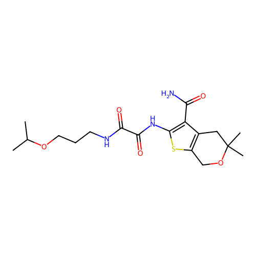 N'-(3-carbamoyl-5,5-dimethyl-4,7-dihydrothieno[2,3-c]pyran-2-yl)-N-(3-propan-2-yloxypropyl)oxamide structure