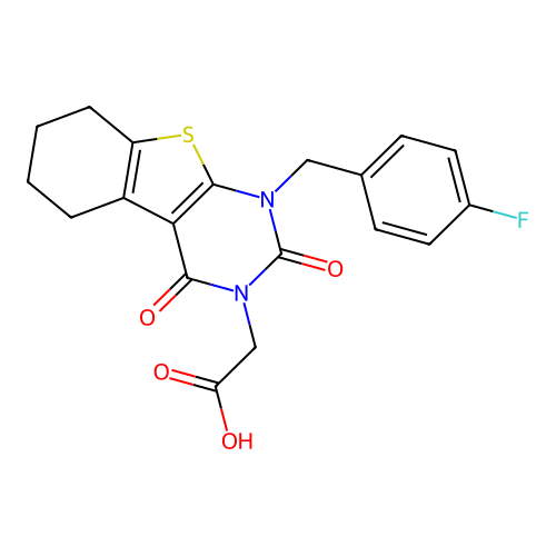 2-(1-(4-fluorobenzyl)-2,4-dioxo-1,2,5,6,7,8-hexahydrobenzo[4,5]thieno[2,3-d]pyrimidin-3(4H)-yl)acetic acid structure