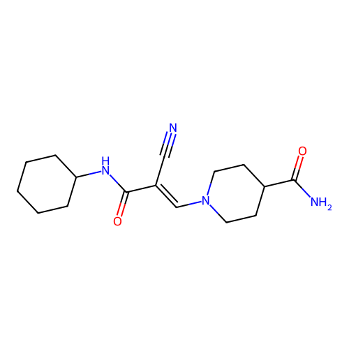1-[(1E)-2-cyano-3-(cyclohexylamino)-3-oxoprop-1-en-1-yl]piperidine-4-carboxamide structure