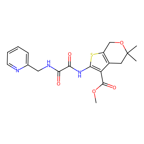 methyl 5,5-dimethyl-2-({oxo[(pyridin-2-ylmethyl)amino]acetyl}amino)-4,7-dihydro-5H-thieno[2,3-c]pyran-3-carboxylate structure