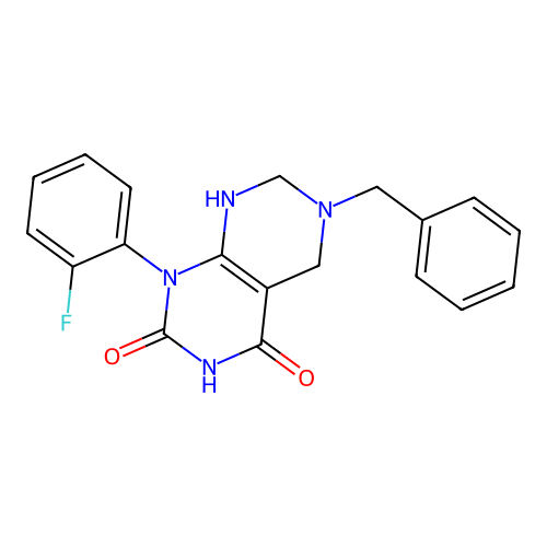 6-benzyl-1-(2-fluorophenyl)-5,6,7,8-tetrahydropyrimido[4,5-d]pyrimidine-2,4(1H,3H)-dione structure