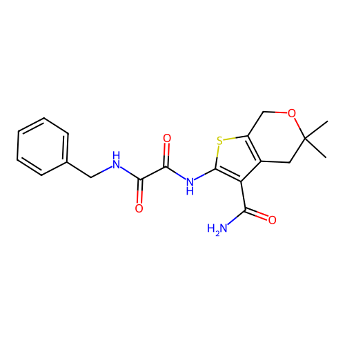 N-benzyl-N'-(3-carbamoyl-5,5-dimethyl-4,7-dihydrothieno[2,3-c]pyran-2-yl)oxamide structure