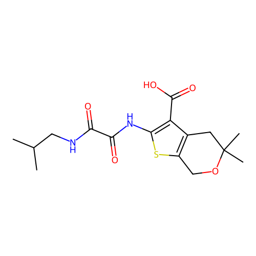2-(2-(isobutylamino)-2-oxoacetamido)-5,5-dimethyl-5,7-dihydro-4H-thieno[2,3-c]pyran-3-carboxylic acid structure