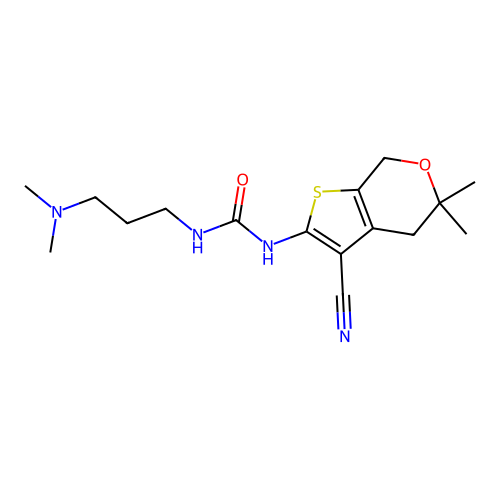 1-(3-cyano-5,5-dimethyl-4,7-dihydro-5H-thieno[2,3-c]pyran-2-yl)-3-[3-(dimethylamino)propyl]urea structure