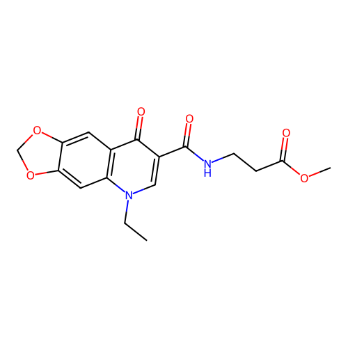 methyl 3-(5-ethyl-8-oxo-5,8-dihydro-[1,3]dioxolo[4,5-g]quinoline-7-carboxamido)propanoate structure