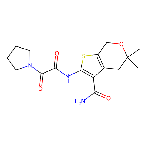 5,5-dimethyl-2-[(2-oxo-2-pyrrolidin-1-ylacetyl)amino]-4,7-dihydrothieno[2,3-c]pyran-3-carboxamide structure