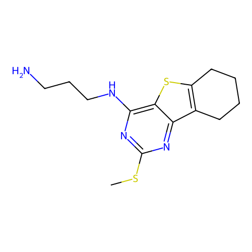 N'-(2-methylsulfanyl-6,7,8,9-tetrahydro-[1]benzothiolo[3,2-d]pyrimidin-4-yl)propane-1,3-diamine structure
