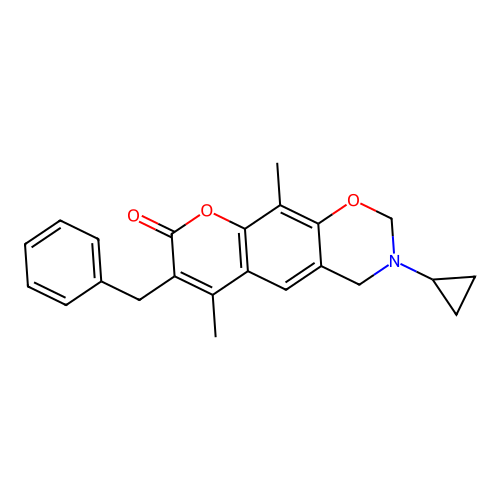 7-benzyl-3-cyclopropyl-6,10-dimethyl-3,4-dihydrochromeno[6,7-e][1,3]oxazin-8(2H)-one structure