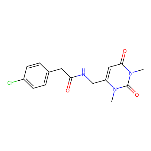 2-(4-chlorophenyl)-N-((1,3-dimethyl-2,6-dioxo-1,2,3,6-tetrahydropyrimidin-4-yl)methyl)acetamide structure