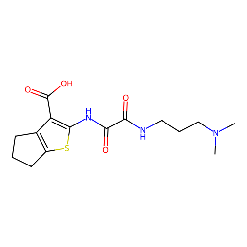 2-(2-((3-(dimethylamino)propyl)amino)-2-oxoacetamido)-5,6-dihydro-4H-cyclopenta[b]thiophene-3-carboxylic acid structure