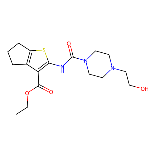 ethyl 2-({[4-(2-hydroxyethyl)piperazin-1-yl]carbonyl}amino)-5,6-dihydro-4H-cyclopenta[b]thiophene-3-carboxylate structure