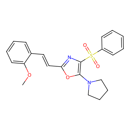 (E)-2-(2-methoxystyryl)-4-(phenylsulfonyl)-5-(pyrrolidin-1-yl)oxazole structure