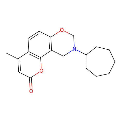 9-cycloheptyl-4-methyl-9,10-dihydrochromeno[8,7-e][1,3]oxazin-2(8H)-one structure