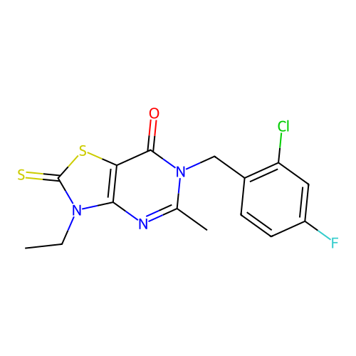 6-(2-chloro-4-fluorobenzyl)-3-ethyl-5-methyl-2-thioxo-2,3-dihydrothiazolo[4,5-d]pyrimidin-7(6H)-one structure