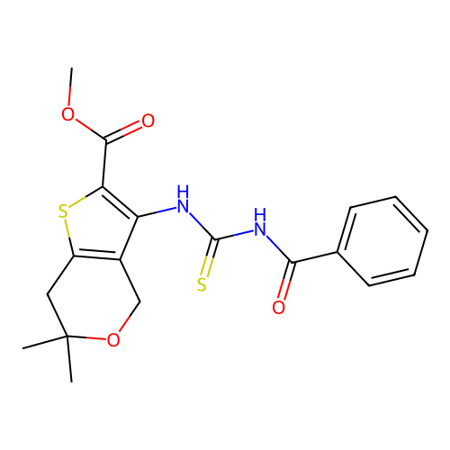 methyl 3-(3-benzoylthioureido)-6,6-dimethyl-6,7-dihydro-4H-thieno[3,2-c]pyran-2-carboxylate structure