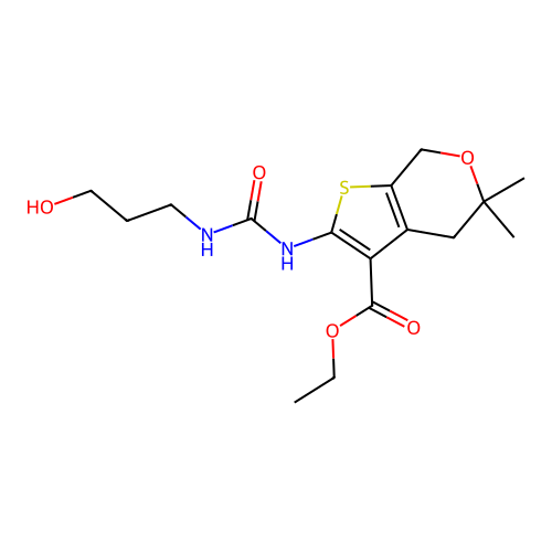 ethyl 2-(3-hydroxypropylcarbamoylamino)-5,5-dimethyl-4,7-dihydrothieno[2,3-c]pyran-3-carboxylate structure