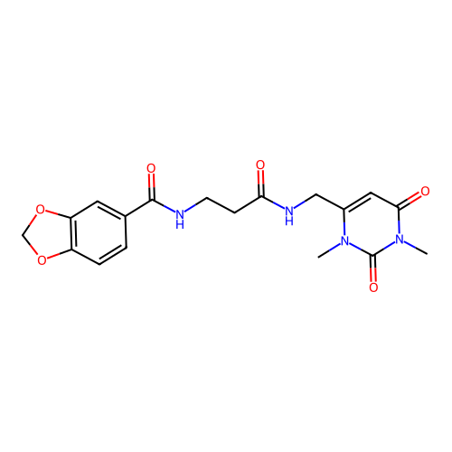 N-(3-(((1,3-dimethyl-2,6-dioxo-1,2,3,6-tetrahydropyrimidin-4-yl)methyl)amino)-3-oxopropyl)benzo[d][1,3]dioxole-5-carboxamide structure