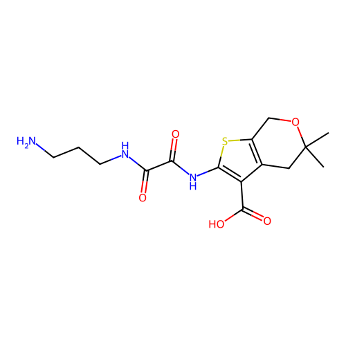 2-({[(3-aminopropyl)amino](oxo)acetyl}amino)-5,5-dimethyl-4,7-dihydro-5H-thieno[2,3-c]pyran-3-carboxylic acid structure