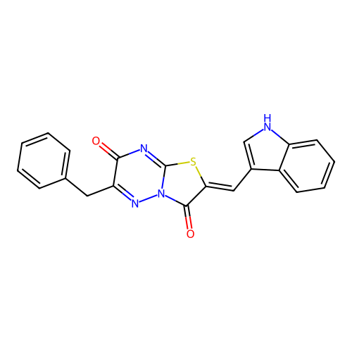 (Z)-2-((1H-indol-3-yl)methylene)-6-benzyl-2H-thiazolo[3,2-b][1,2,4]triazine-3,7-dione structure