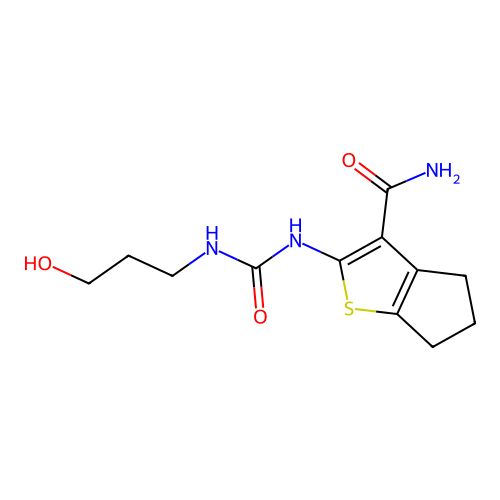 2-(3-hydroxypropylcarbamoylamino)-5,6-dihydro-4H-cyclopenta[b]thiophene-3-carboxamide structure