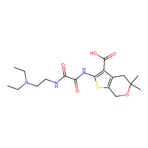 2-(2-((2-(diethylamino)ethyl)amino)-2-oxoacetamido)-5,5-dimethyl-5,7-dihydro-4H-thieno[2,3-c]pyran-3-carboxylic acid structure
