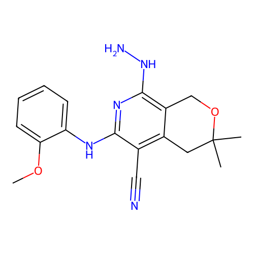 8-hydrazinyl-6-((2-methoxyphenyl)amino)-3,3-dimethyl-3,4-dihydro-1H-pyrano[3,4-c]pyridine-5-carbonitrile structure