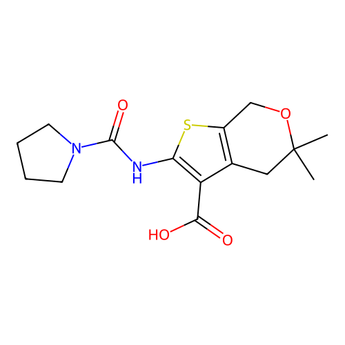 5,5-dimethyl-2-(pyrrolidine-1-carbonylamino)-4,7-dihydrothieno[2,3-c]pyran-3-carboxylic acid structure