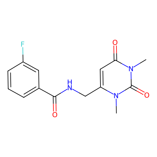 N-((1,3-dimethyl-2,6-dioxo-1,2,3,6-tetrahydropyrimidin-4-yl)methyl)-3-fluorobenzamide structure