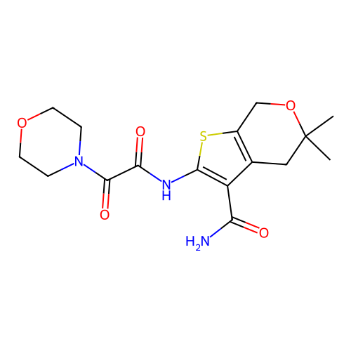 5,5-dimethyl-2-(2-morpholino-2-oxoacetamido)-5,7-dihydro-4H-thieno[2,3-c]pyran-3-carboxamide structure