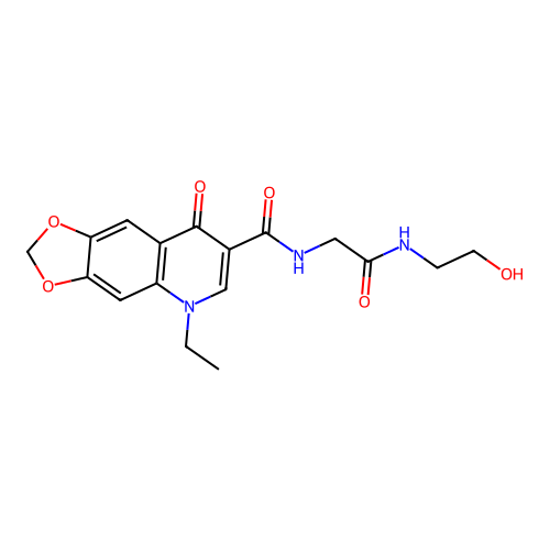 5-ethyl-N-(2-((2-hydroxyethyl)amino)-2-oxoethyl)-8-oxo-5,8-dihydro-[1,3]dioxolo[4,5-g]quinoline-7-carboxamide structure