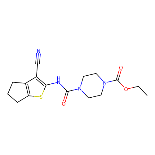ethyl 4-[(3-cyano-5,6-dihydro-4H-cyclopenta[b]thiophen-2-yl)carbamoyl]piperazine-1-carboxylate structure