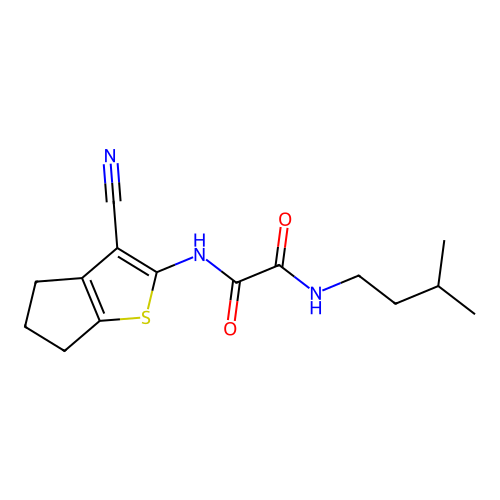 N'-(3-cyano-5,6-dihydro-4H-cyclopenta[b]thiophen-2-yl)-N-(3-methylbutyl)oxamide structure