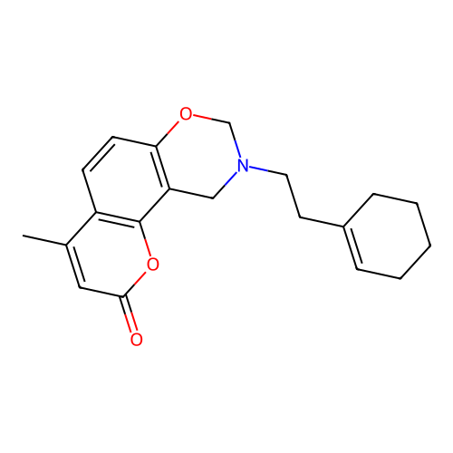 9-(2-(cyclohex-1-en-1-yl)ethyl)-4-methyl-9,10-dihydrochromeno[8,7-e][1,3]oxazin-2(8H)-one structure