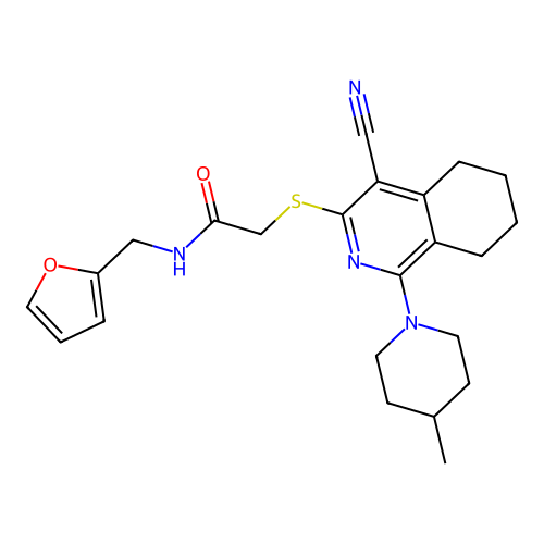 2-((4-cyano-1-(4-methylpiperidin-1-yl)-5,6,7,8-tetrahydroisoquinolin-3-yl)thio)-N-(furan-2-ylmethyl)acetamide structure