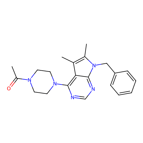 1-(4-(7-benzyl-5,6-dimethyl-7H-pyrrolo[2,3-d]pyrimidin-4-yl)piperazin-1-yl)ethanone structure