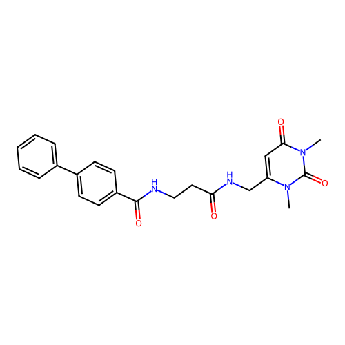 N-(3-(((1,3-dimethyl-2,6-dioxo-1,2,3,6-tetrahydropyrimidin-4-yl)methyl)amino)-3-oxopropyl)-[1,1'-biphenyl]-4-carboxamide structure