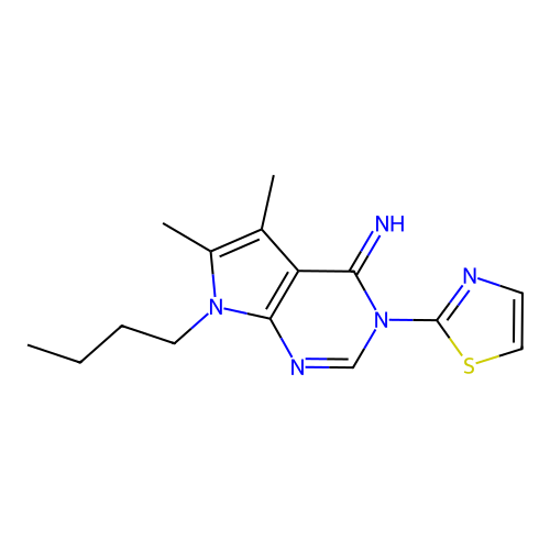 7-butyl-5,6-dimethyl-3-(thiazol-2-yl)-3H-pyrrolo[2,3-d]pyrimidin-4(7H)-imine structure