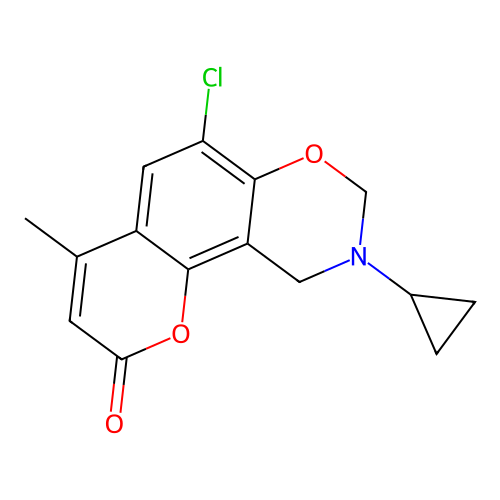 6-chloro-9-cyclopropyl-4-methyl-9,10-dihydrochromeno[8,7-e][1,3]oxazin-2(8H)-one structure