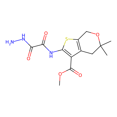 methyl 2-(2-hydrazinyl-2-oxoacetamido)-5,5-dimethyl-5,7-dihydro-4H-thieno[2,3-c]pyran-3-carboxylate structure